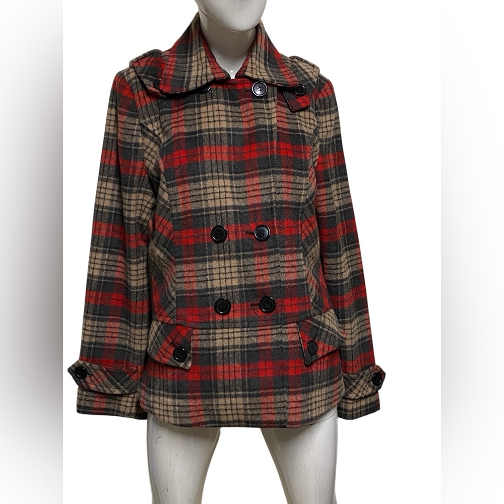Metro Red And Black Plaid Double-Breasted Wool Blend Pea Coat Sz. Med 18”x 25.5”